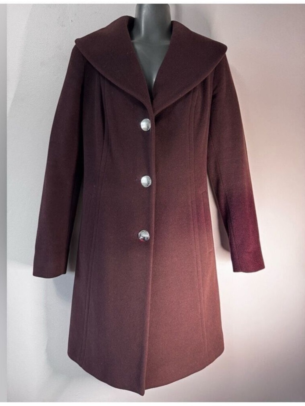 Ann Klein Burgundy Mid-Thigh Coat Wool Blend Size 2